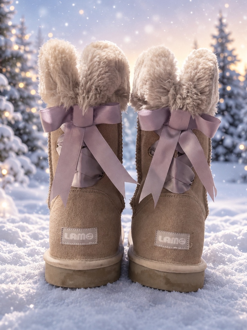 LAMO Women's Taupe Suede Fur-Trim Winter Boots with Ribbon 11M